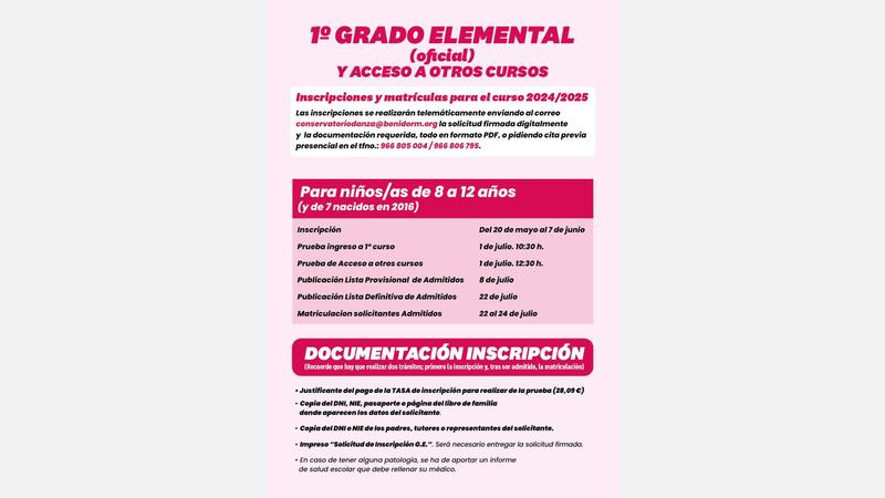 DATES AND INFORMATION FOR REGISTRATION OF ELEMENTARY LEVEL 2024/25